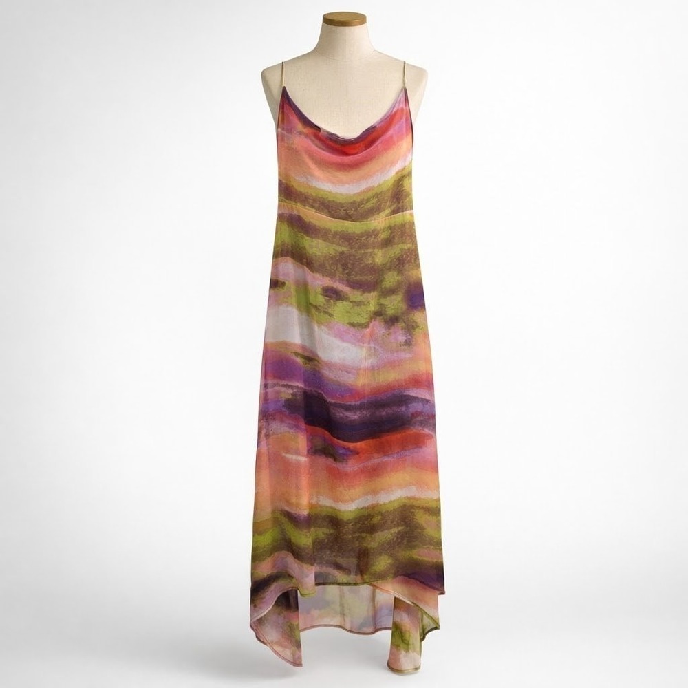 Y2K Mesh Cowl Neck Sleeveless Maxi Dress Size L Asymmetrical Indie Boho Festival